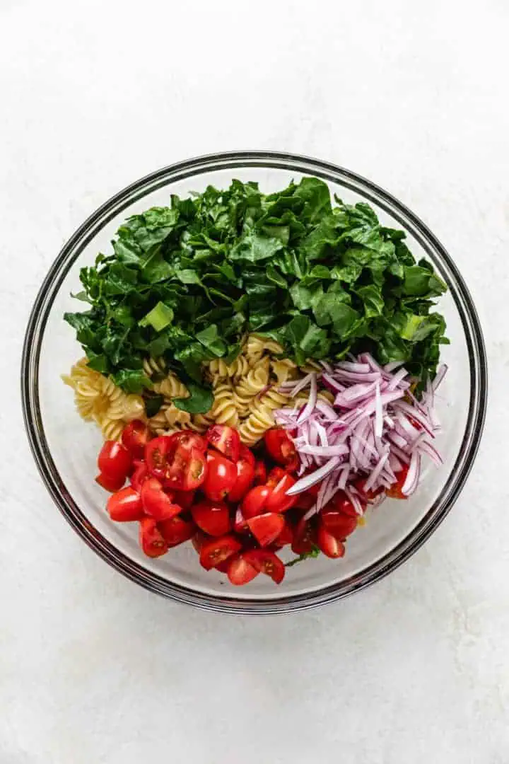 Pasta, lettuce, tomatoes, and onions in a mixing bowl.