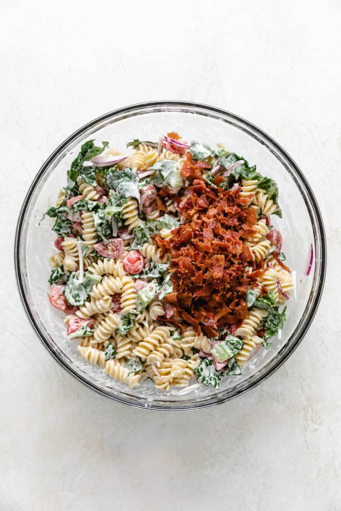 Bacon added to a cold pasta salad.