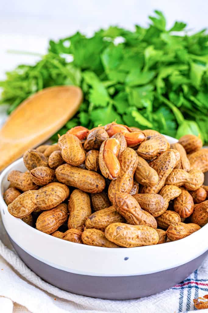 Large bowl of boiled peanuts.