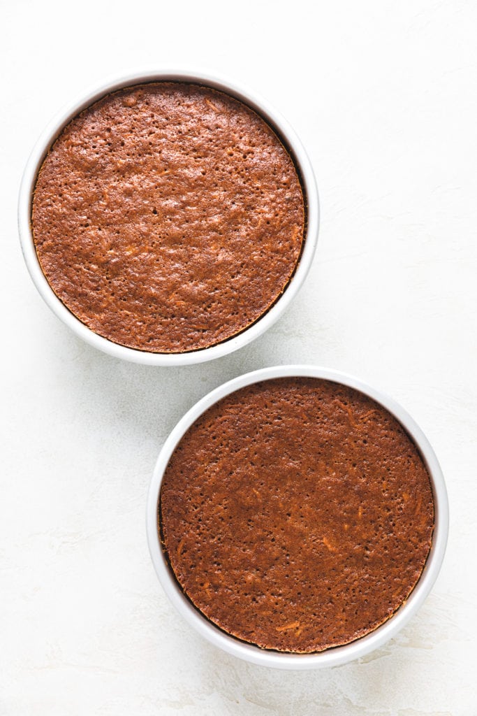 Baked carrot cakes in 2 pans.