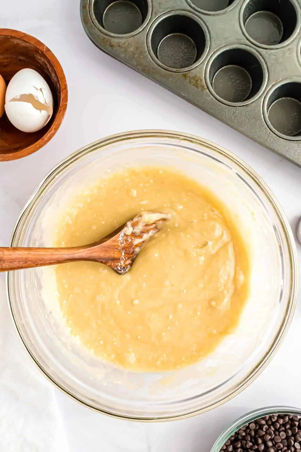 Muffin batter in a bowl.