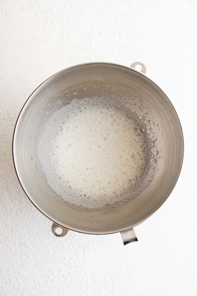 Frothy eggs and gelatin in a bowl.