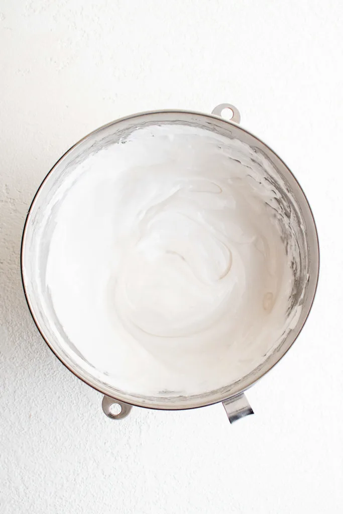 Top down view of a mixing bowl filled with fluff.