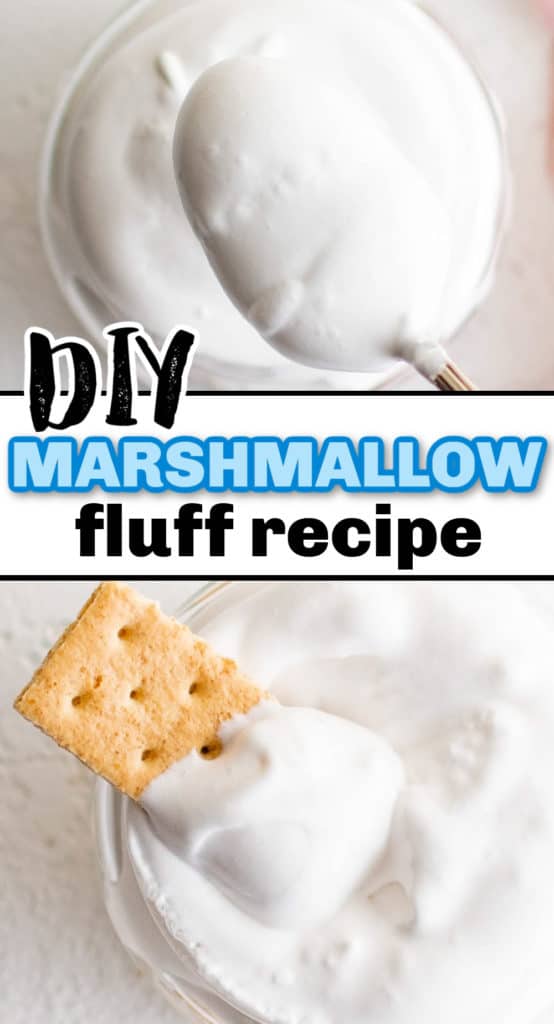 Collage showing two close up view s of marshmallow fluff.