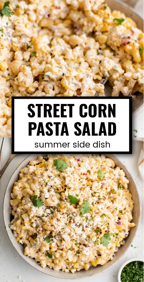 Top down photos of Mexican Street Corn Pasta Salad sprinkled with cheese.