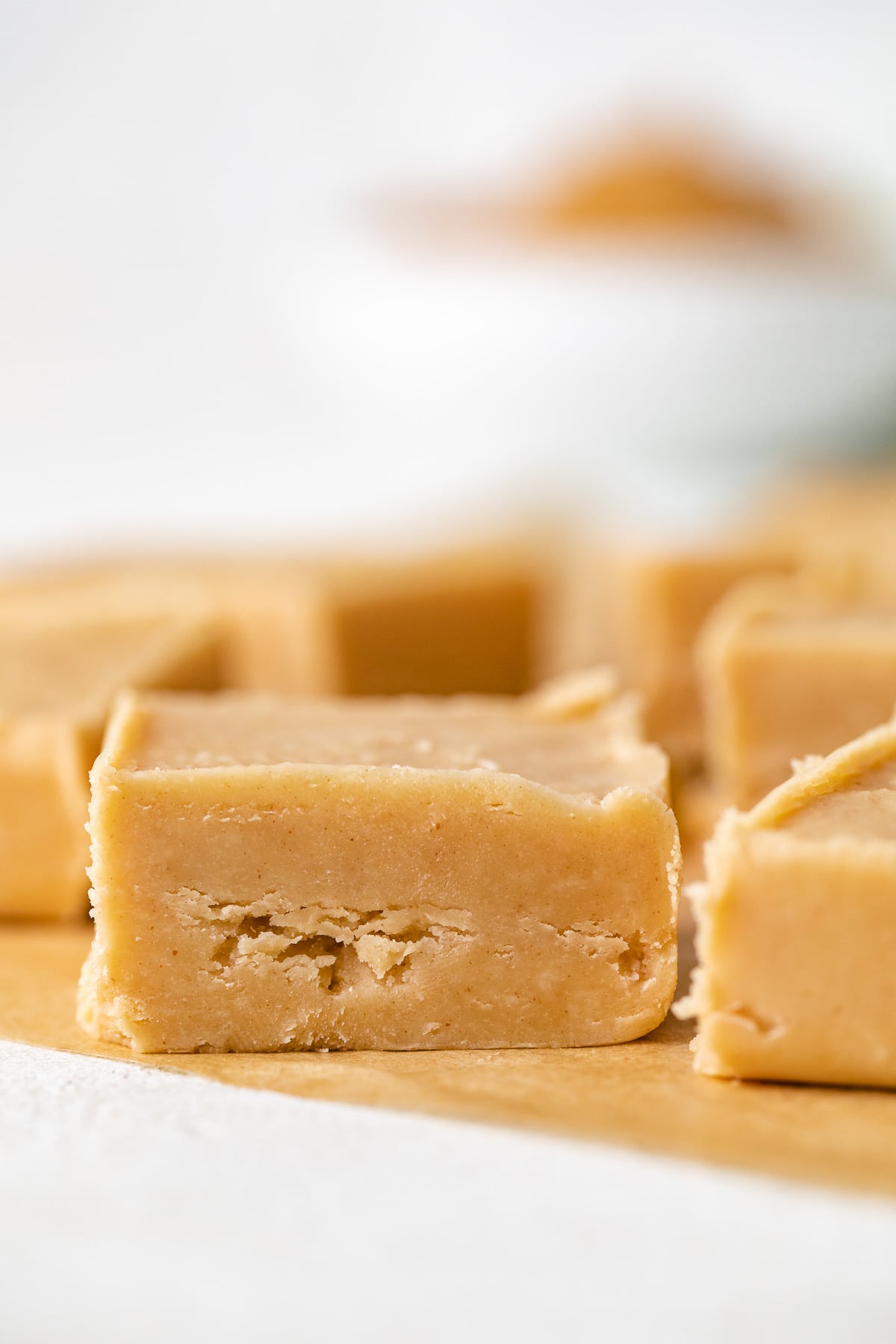 Squares of peanut butter candy on parchment.