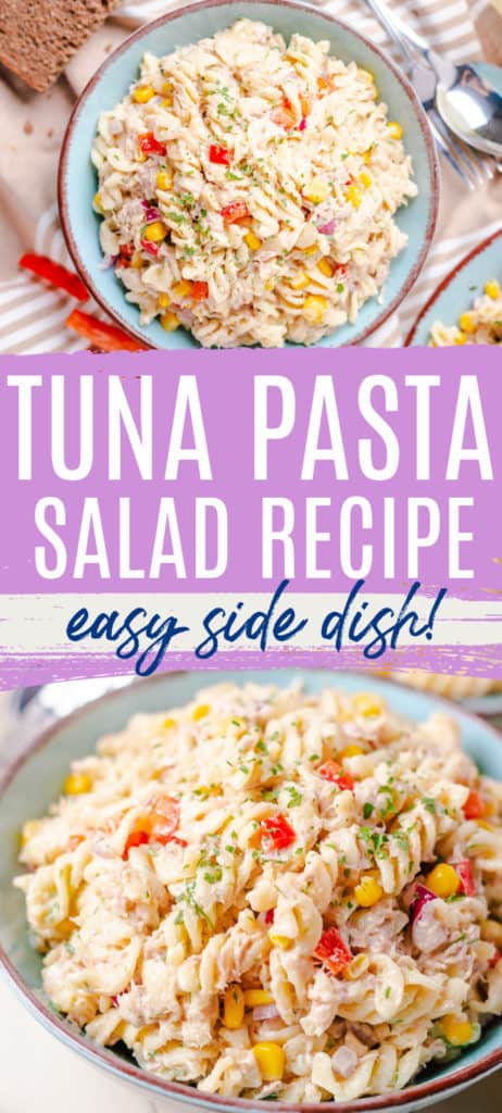 Two plates of pasta salad with tuna.