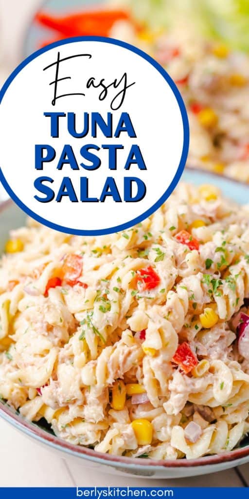 Side view of a bowl of tuna pasta salad.