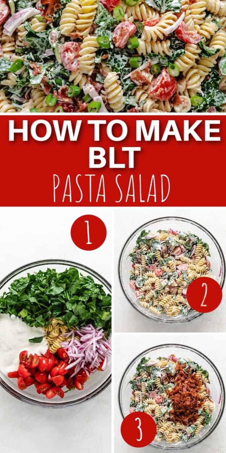 Four photos showing how to make a blt pasta salad.