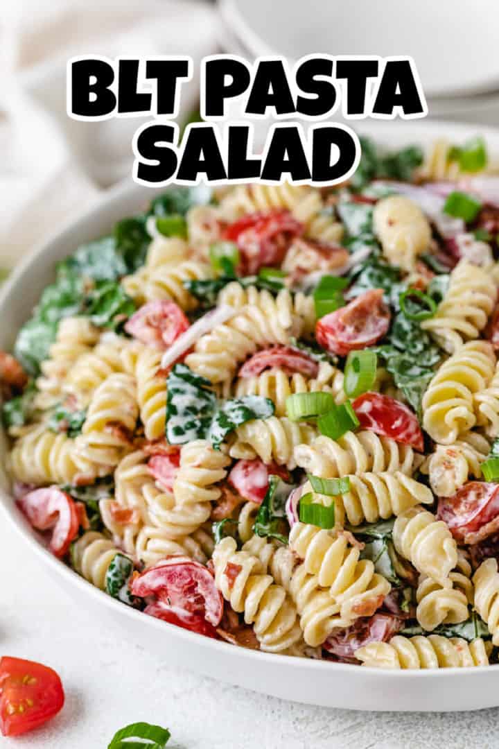 Close up view of pasta salad with bacon and ranch in a bowl.