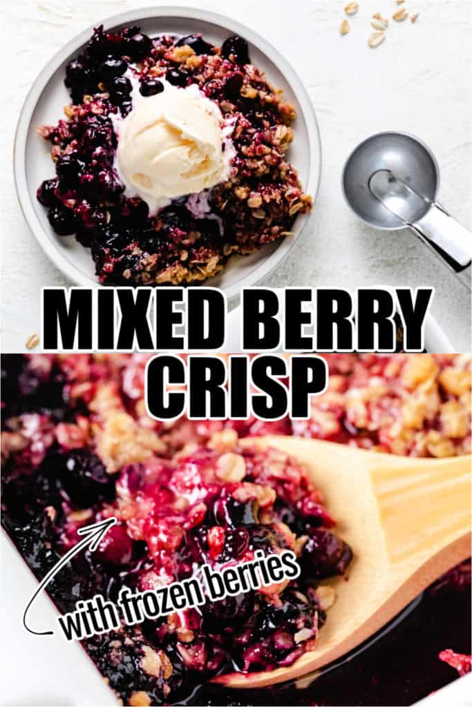 Two photos of berry crisp in a collage.