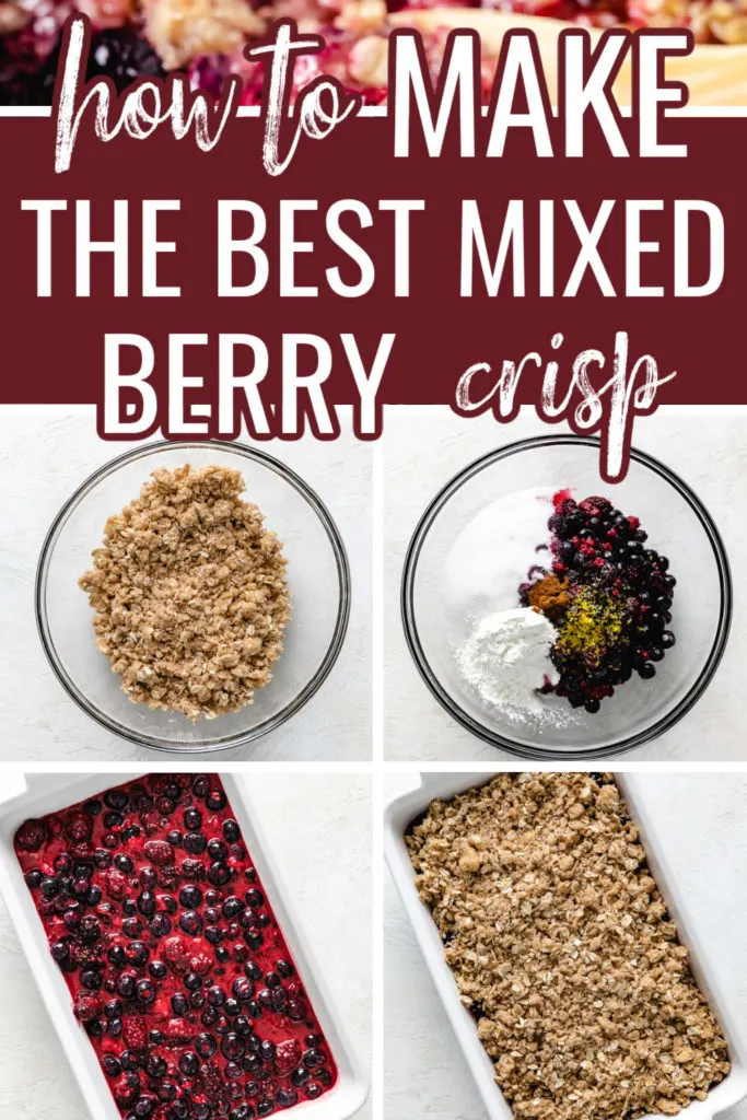 Collage of photos showing how to make a berry crisp.