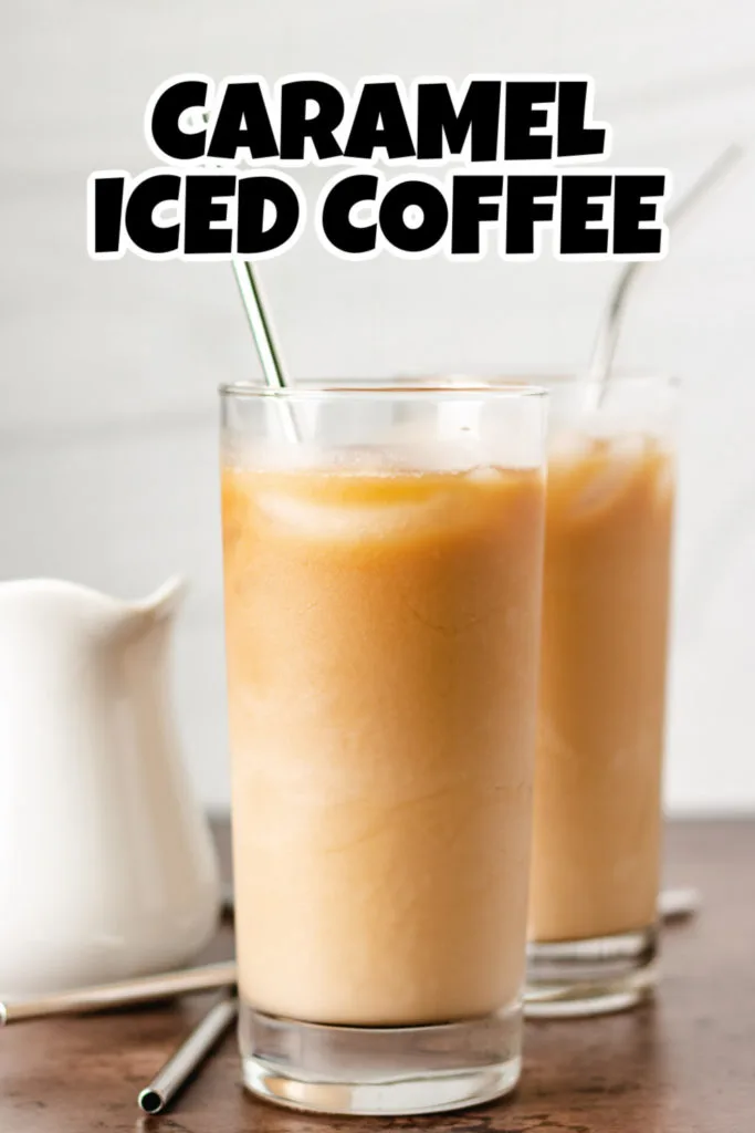 Two glasses of iced coffee with caramel flavor.