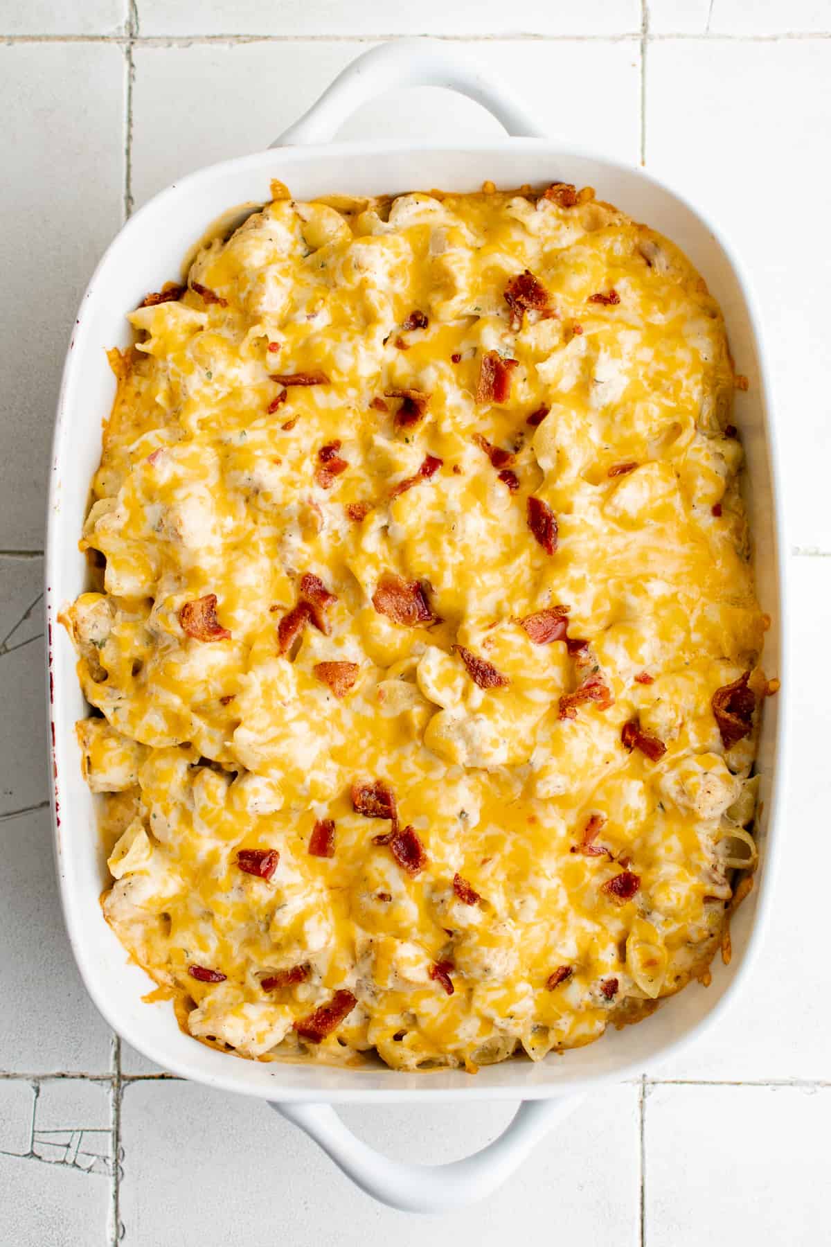 Cheese melted over a chicken casserole.