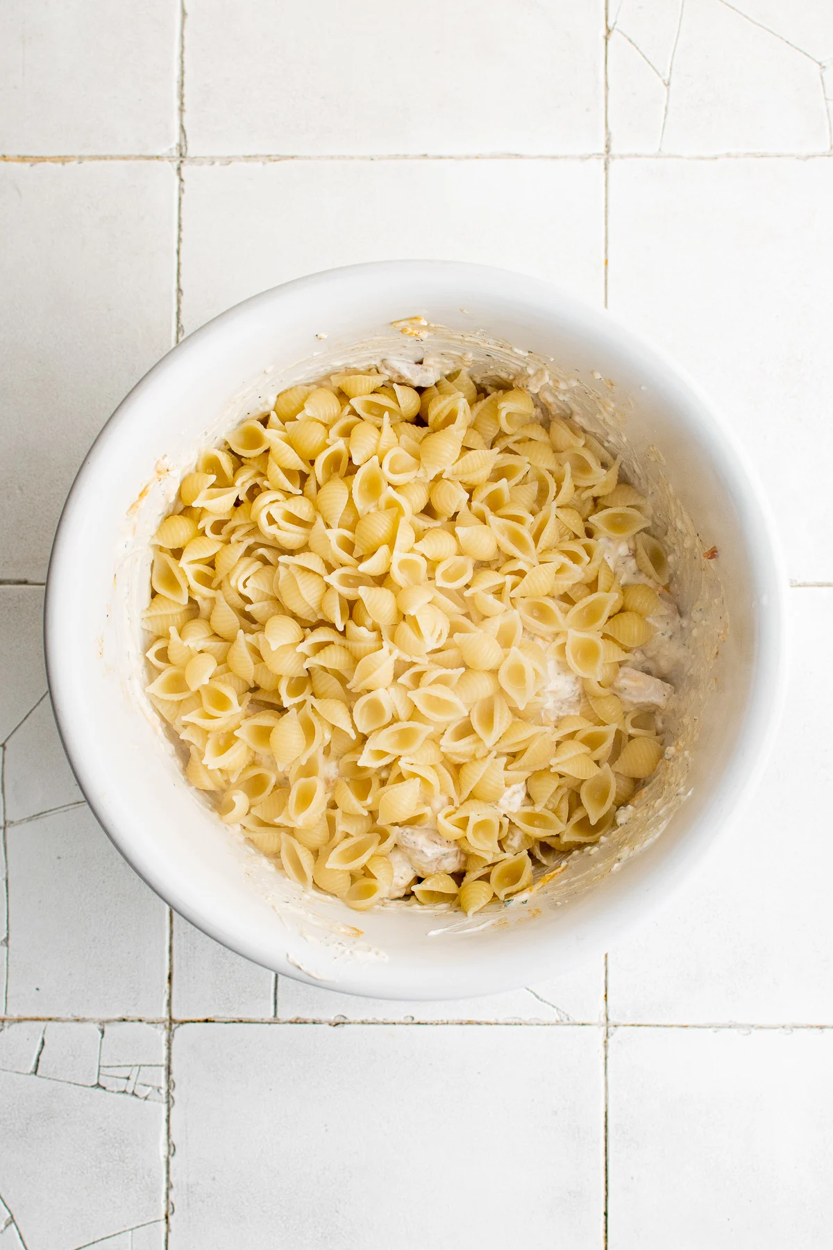 Shell pasta noodles poured into a bowl.