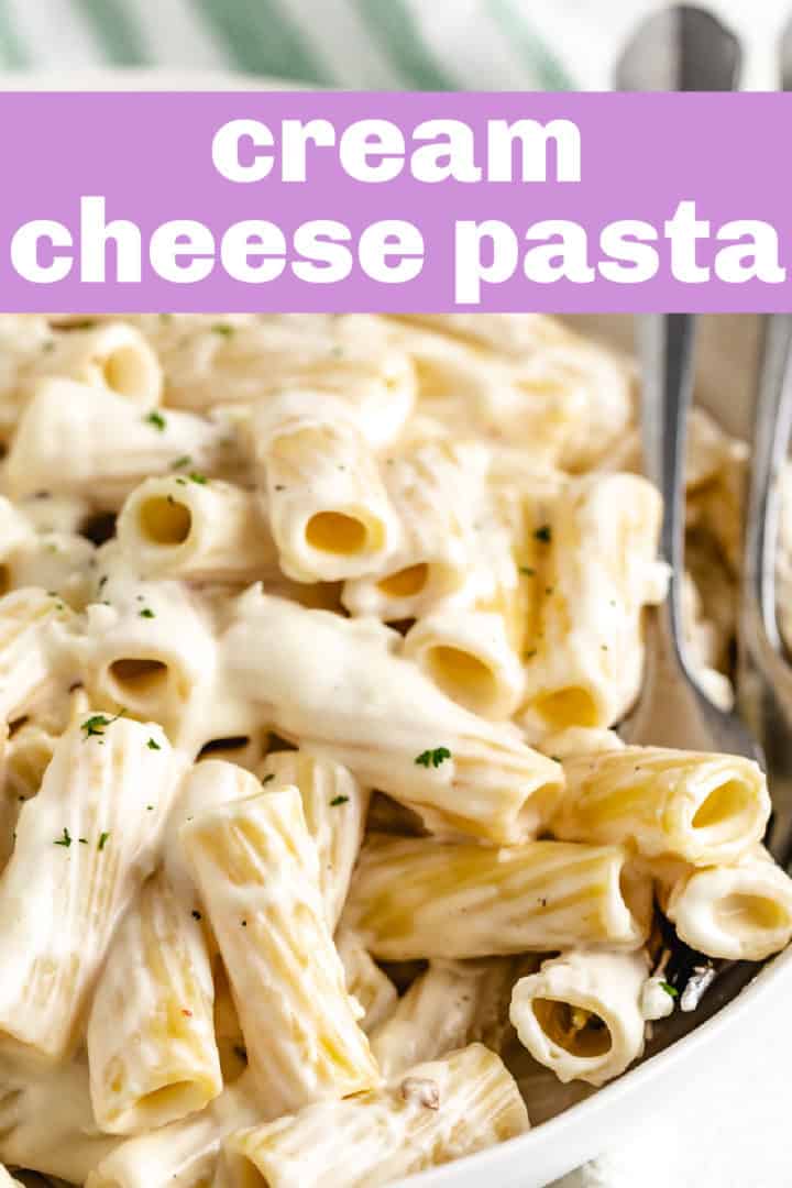 Close up view of pasta in a cream cheese sauce.