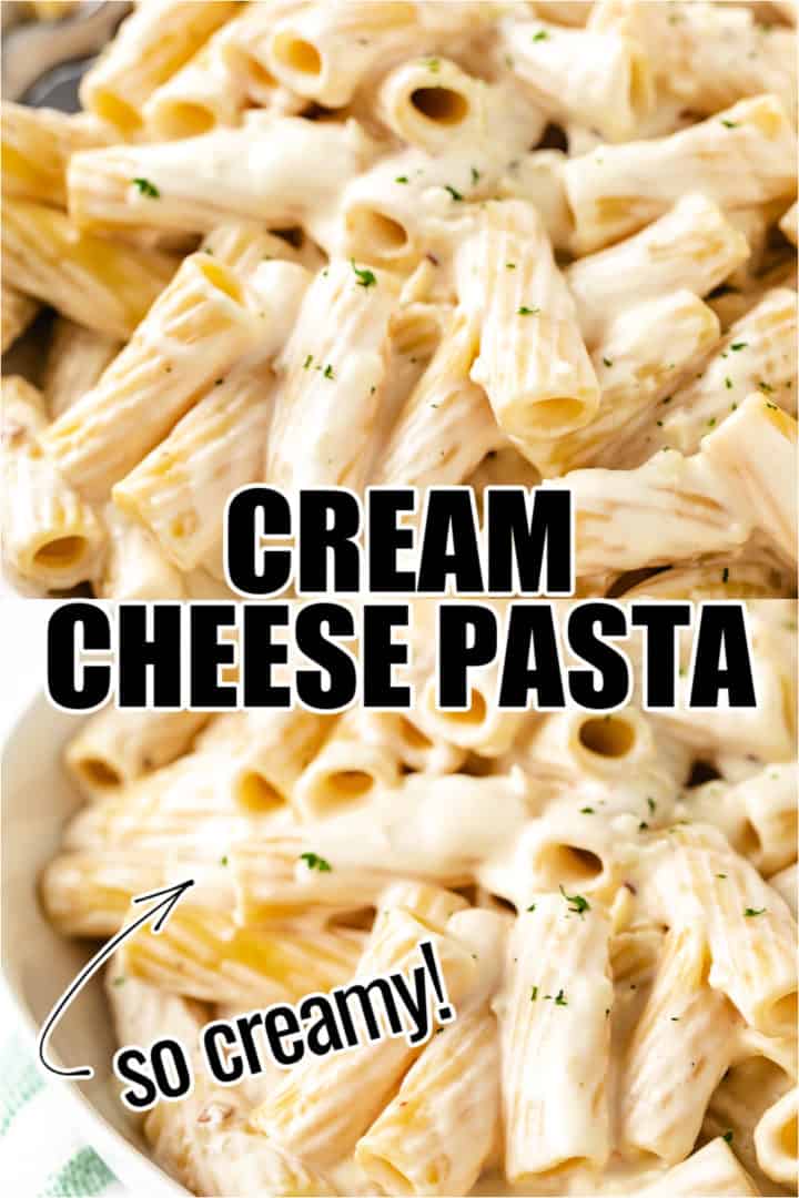 Collage of two photos of cream cheese pasta.