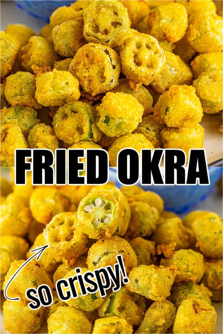 Two photos of fried okra in a collage.