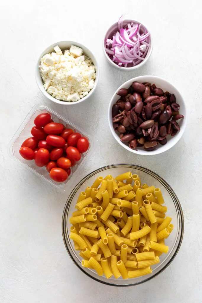 Rigatoni pasta salad ingredients.