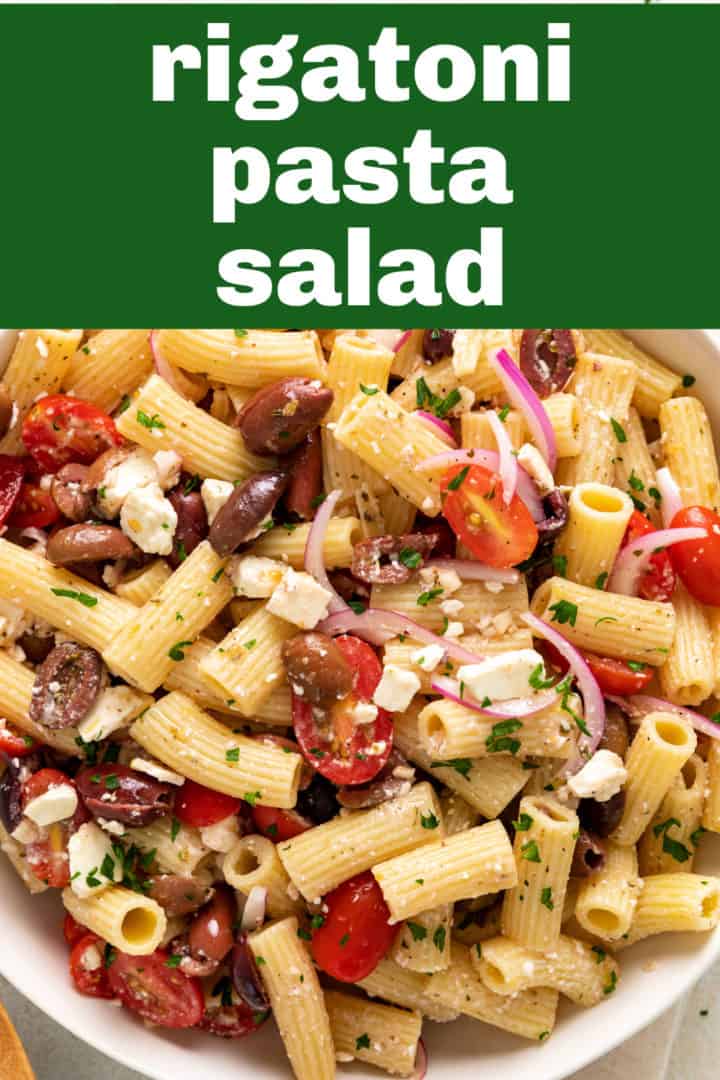 Top down view of a serving dish filled with pasta salad.