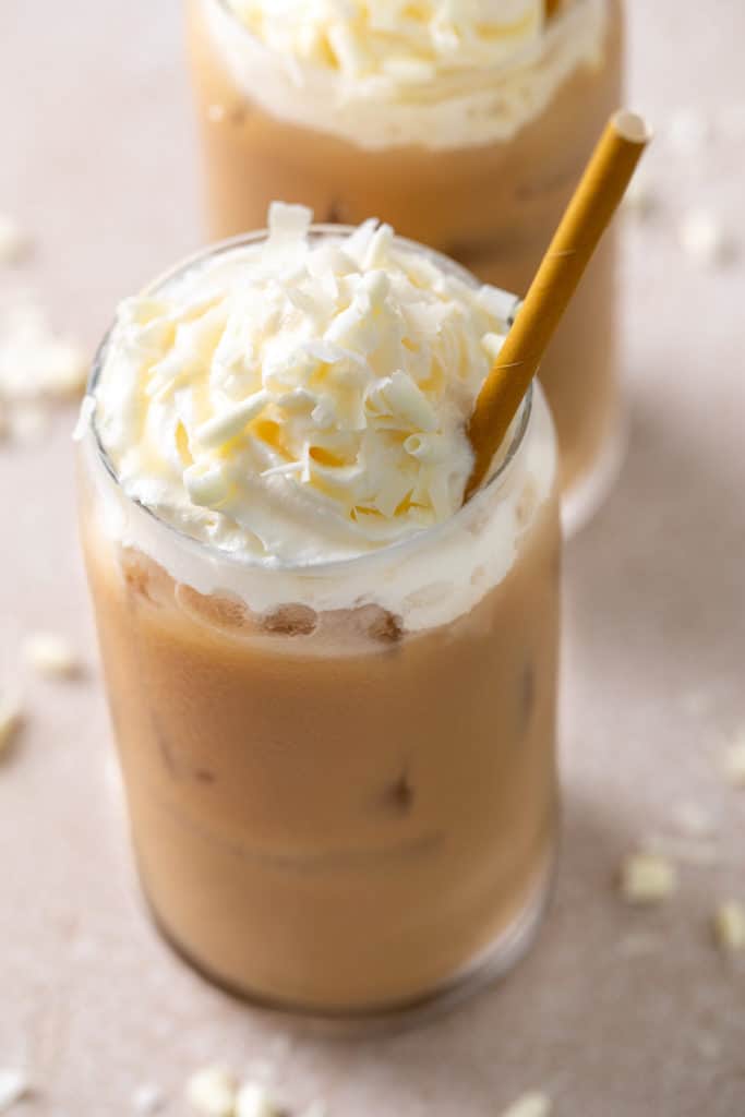Iced white chocolate mocha in a glass.