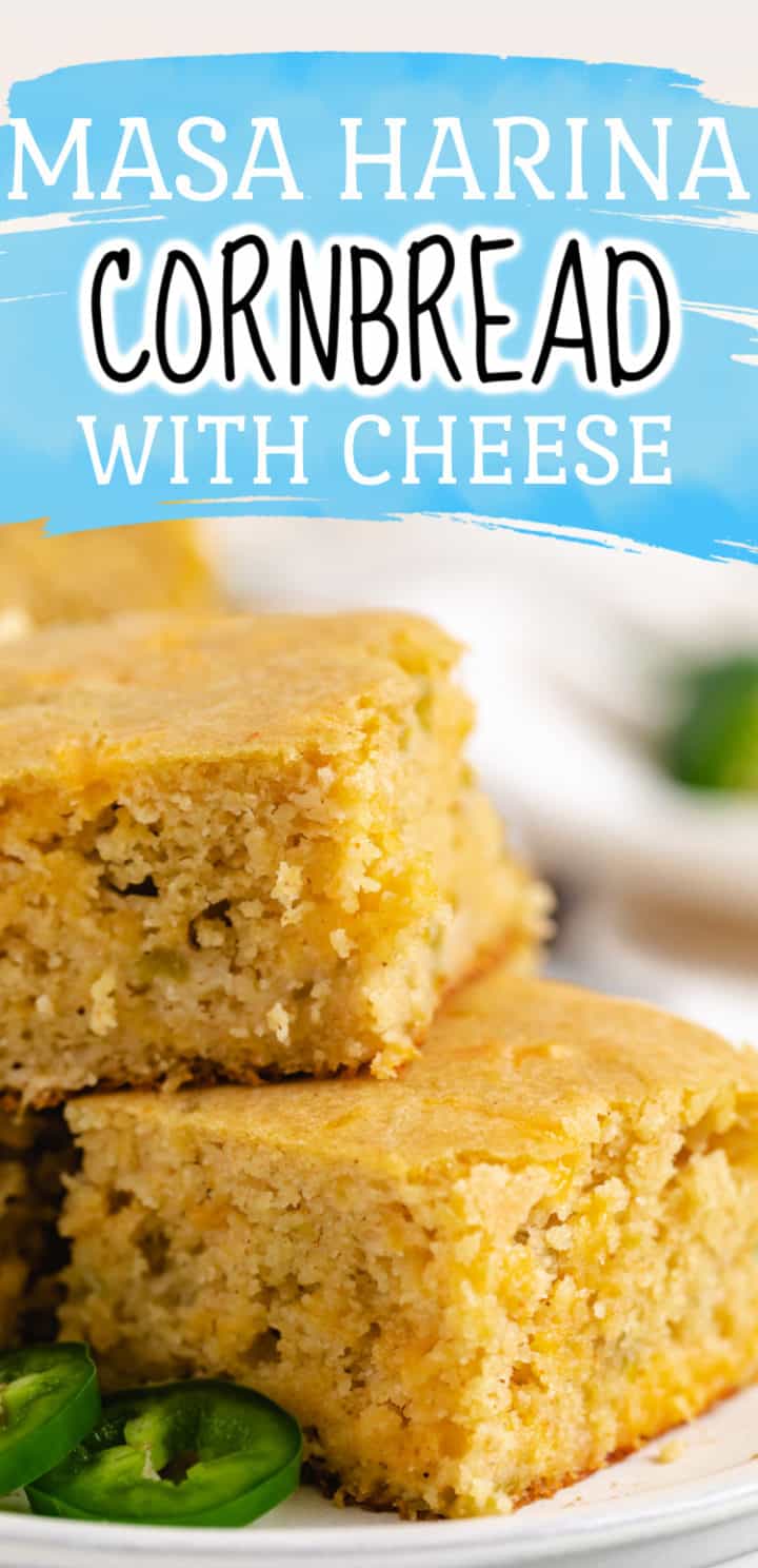 Close up view of squares of cornbread with jalapeño rounds.