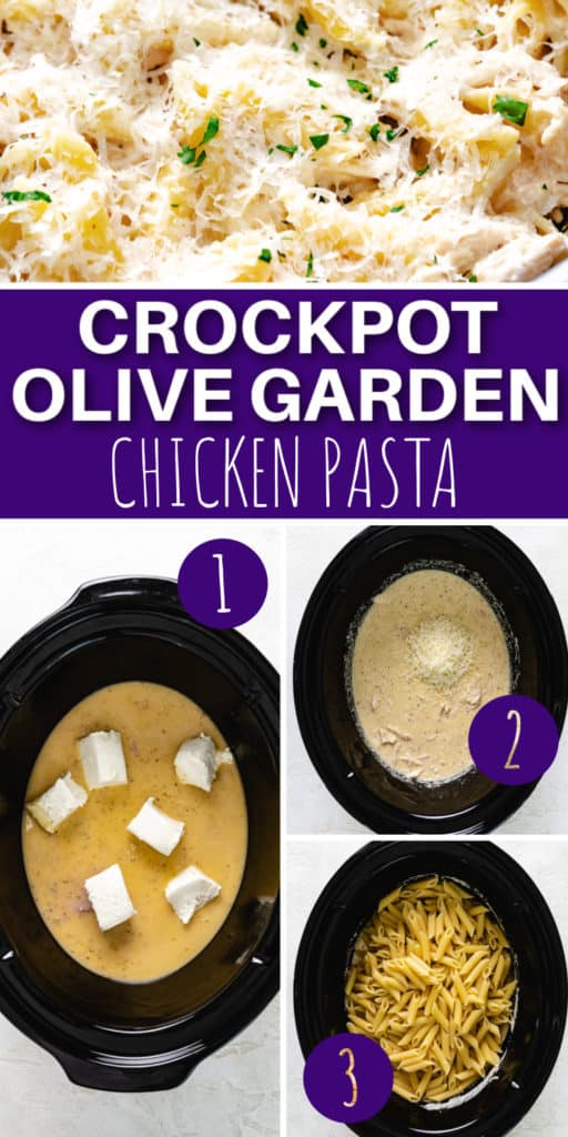 Collage showing photos of chicken pasta being made in slow cooker.