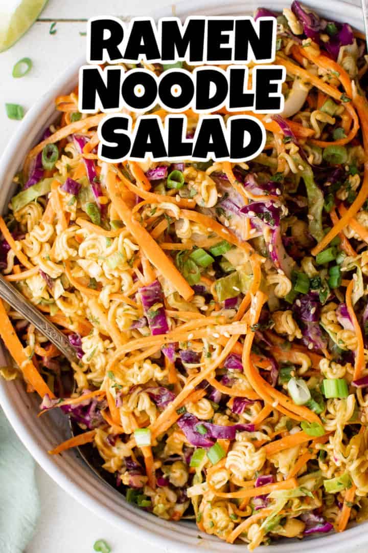 Close up view of a platter of crunchy ramen noodle salad.