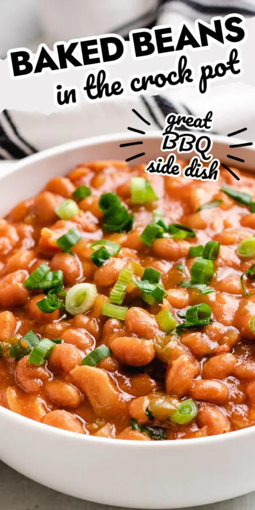 Serving bowl filled with baked beans.