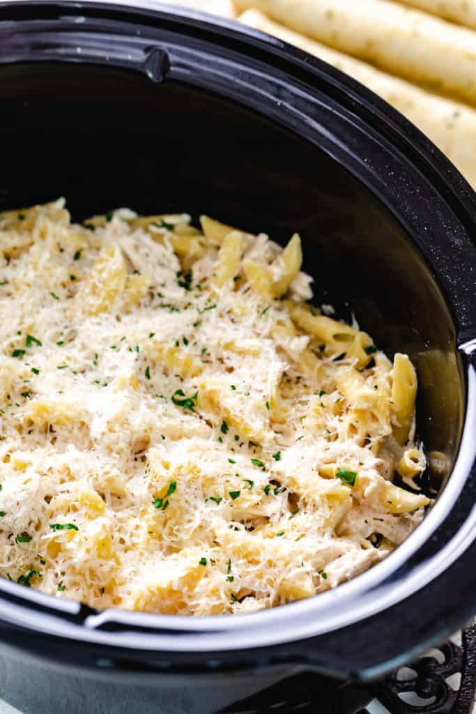 Olive garden chicken pasta in a slow cooker.