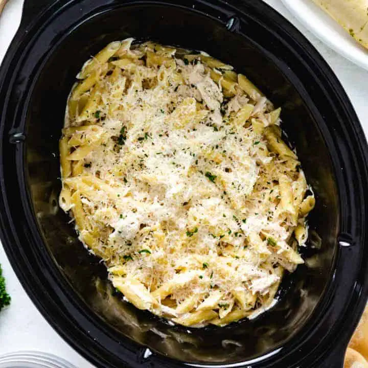 Close up view of cheesy Olive Garden Chicken Pasta.