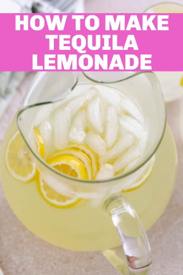 Close up view of a pitcher of lemonade on ice.