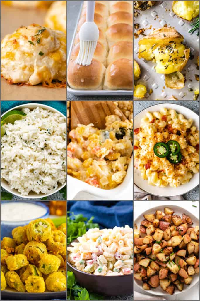 Several photos of side dish recipes in a collage.
