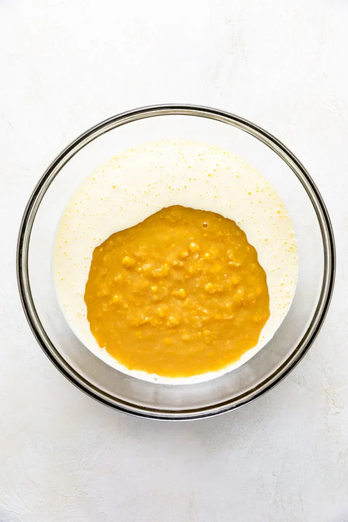 Creamed corn poured into sour cream, sour cream and eggs.