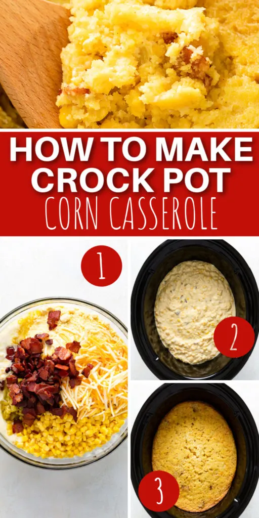 Collage showing how to make corn casserole in a slow cooker.