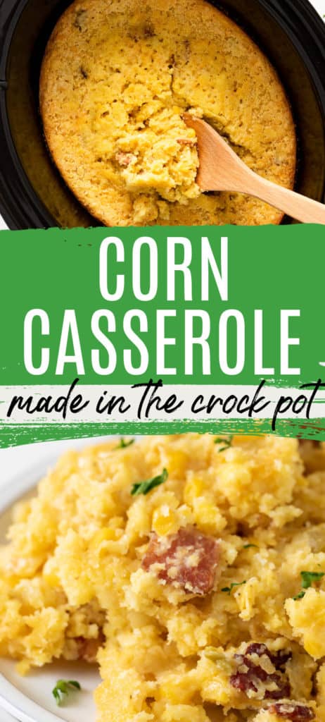 Two photos of corn casserole in a collage.