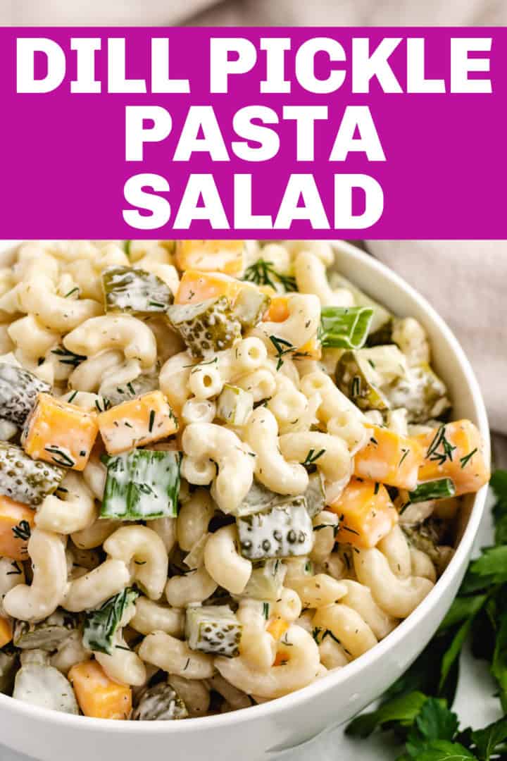 Pasta salad with dill pickles in a bowl.