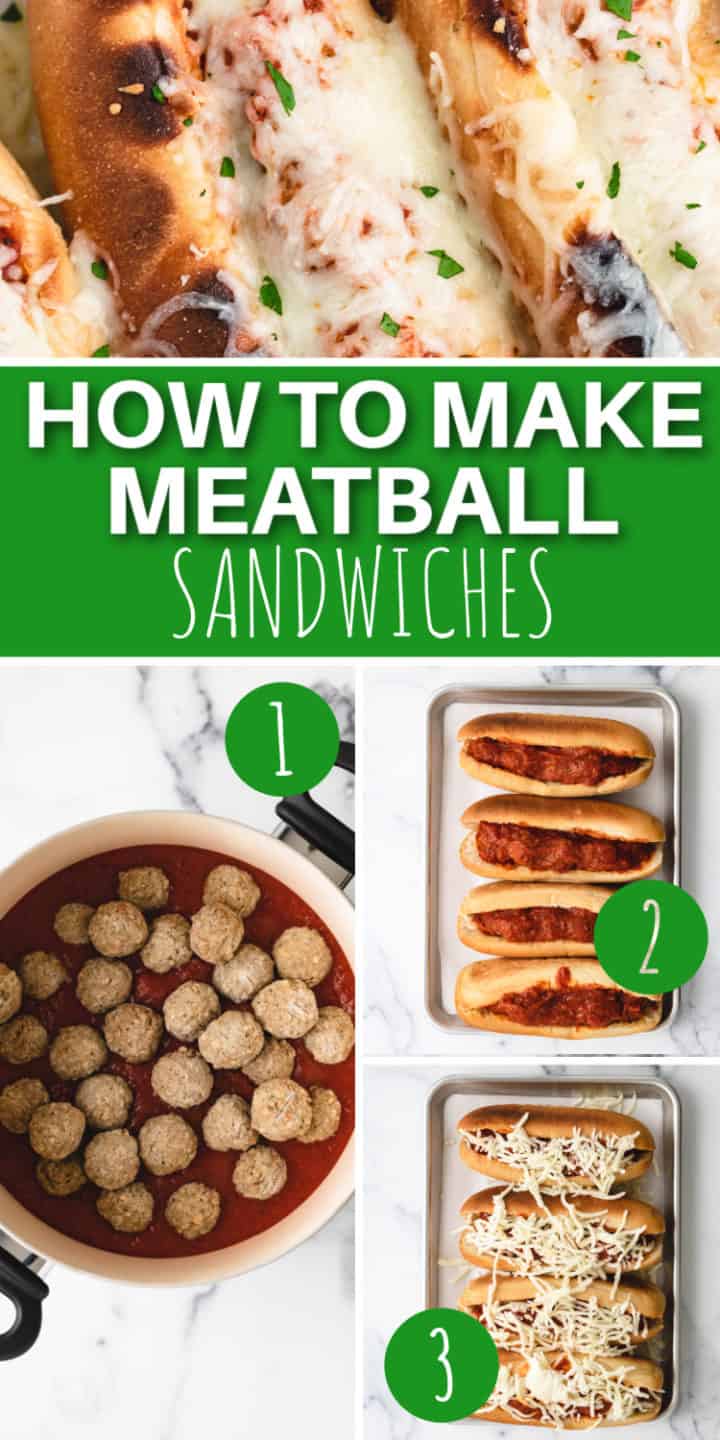 Collage showing how to make cheesy meatball subs.