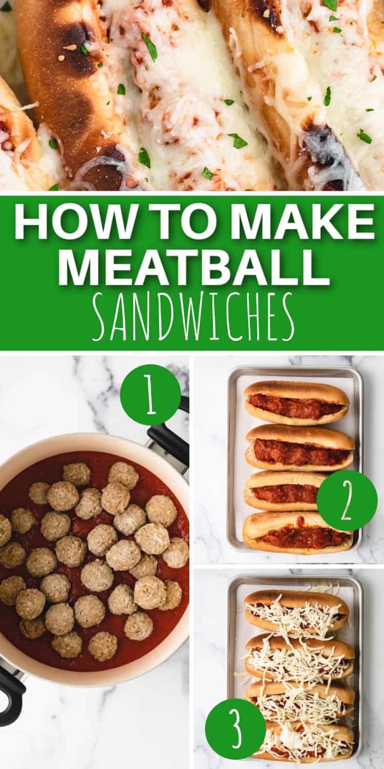 Collage showing how to make cheesy meatball subs.