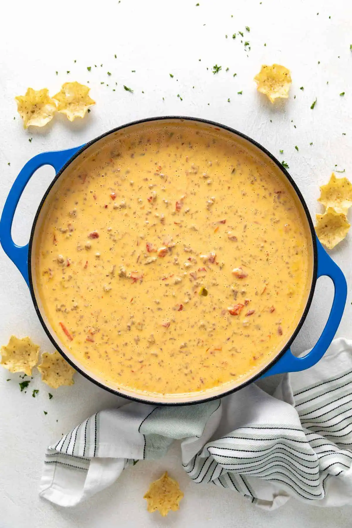 Top down view of sausage and beef cheese dip.