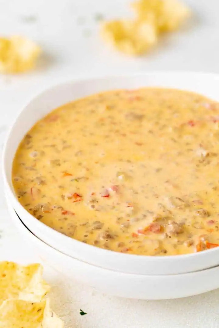 Close up view of a bowl of cheese dip.