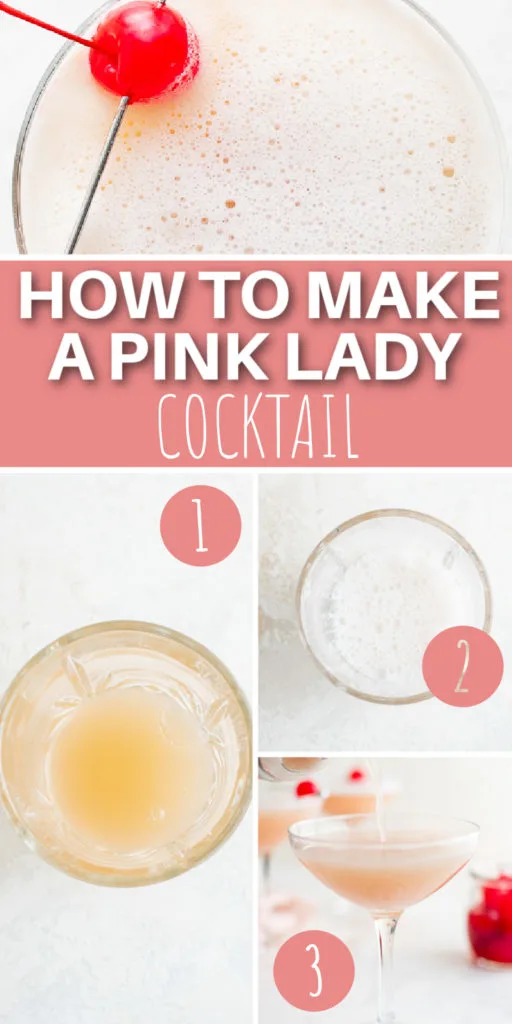 Collage showing how to make a pink lady cocktail.