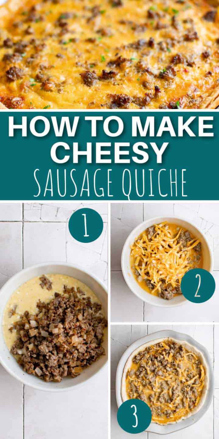 Collage showing how to make a sausage quiche.
