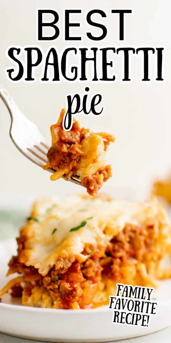 Fork holding up a bite of spaghetti pie.