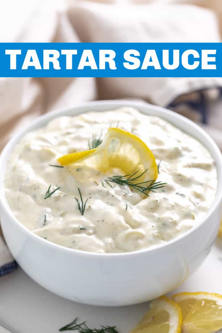 Close up view of tartar sauce in a bowl.