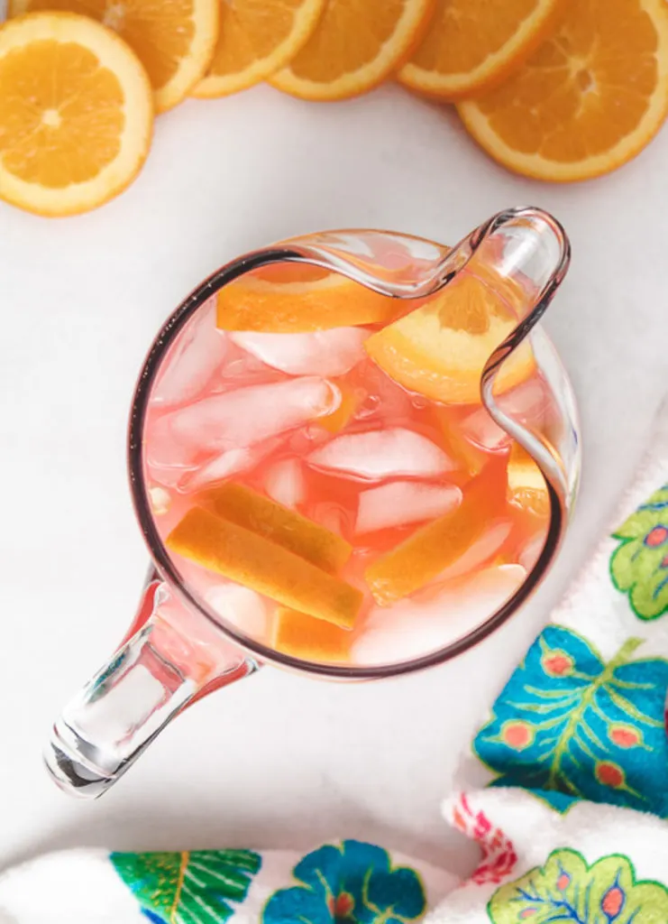 Close up view of party punch in a pitcher.