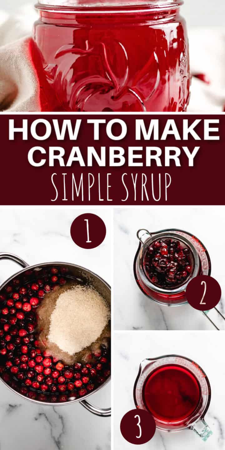 Collage showing how to make cranberry simple syrup.