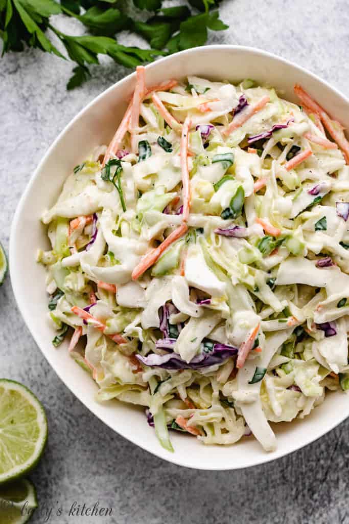 Top down view of a bowl of coleslaw.