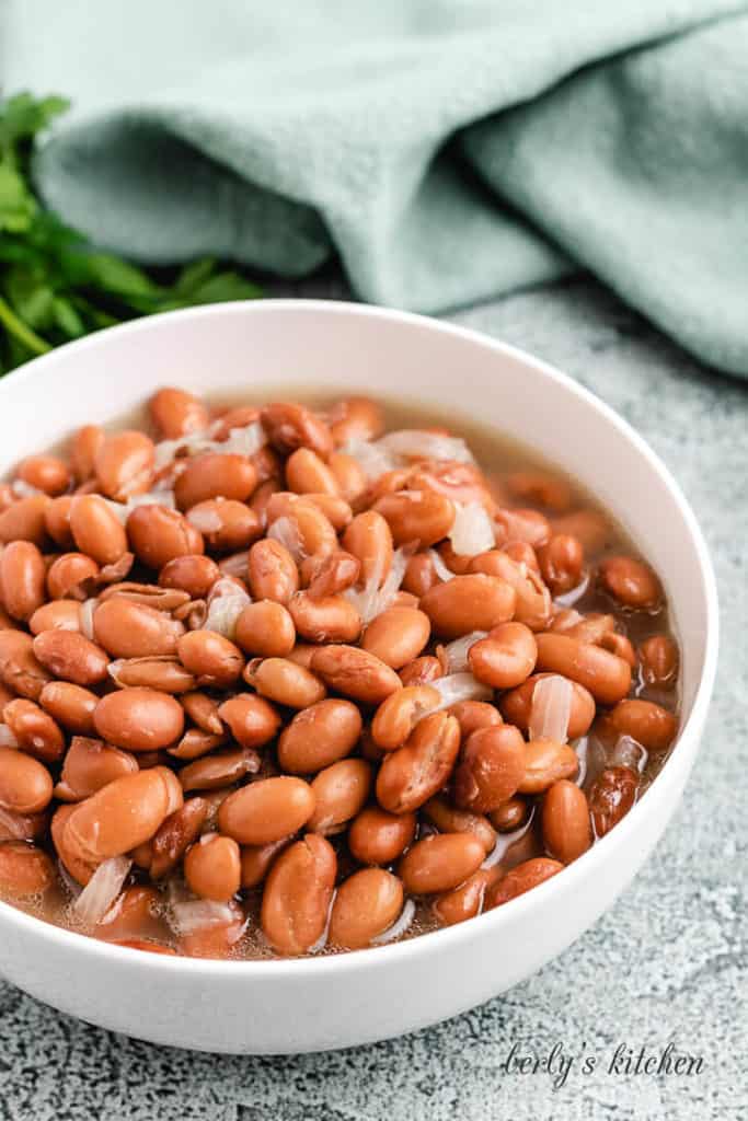 White bowl filled with ham, beans, and broth.