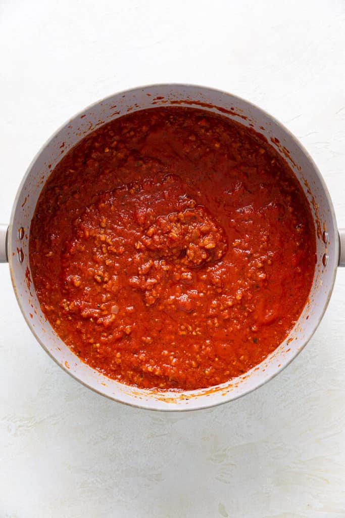 Meat sauce in a pan.